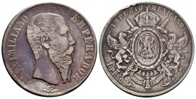 Mexico. Maximiliano. 1 peso. 1867. México. (Km-388.1). Ag. 26,57 g. Nicks on edge. VF/Choice VF. Est...60,00. 

Spanish description: México. Maximil...