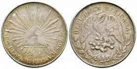 Mexico. 1 peso. 1898. México. AM. (Km-409.2). Ag. 26,92 g. Iridescent patina. Minor nick on edge. VF. Est...50,00. 

Spanish description: México. 1 ...