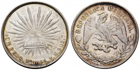 Mexico. 1 peso. 1898. México. AM. (Km-409.2). Ag. 27,02 g. Lightly toned. Choice VF. Est...50,00. 

Spanish description: México. 1 peso. 1898. Méxic...