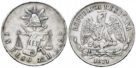 Mexico. 1 peso. 1871. Zacatecas. H. (Km-408.8). Ag. 27,02 g. Minor nicks. Scarce. Choice VF. Est...100,00. 

Spanish description: México. 1 peso. 18...