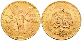 Mexico. 50 pesos. 1947. México. (Km-481). (Fried-172). Au. 41,73 g. Almost MS. Est...1700,00. 

Spanish description: México. 50 pesos. 1947. México....