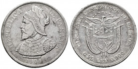 Panama. 50 centesimos. 1904. (Km-5). Ag. 24,94 g. Scarce. VF/Choice VF. Est...75,00. 

Spanish description: Panamá. 50 centésimos. 1904. (Km-5). Ag....