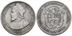 Panama. 50 centesimos. 1905. (Km-5). Ag. 24,95 g. Minor nick on edge. VF. Est...75,00. 

Spanish description: Panamá. 50 centésimos. 1905. (Km-5). A...