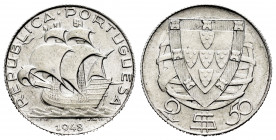 Portugal. 2,50 escudos. 1948. (Km-580). Ag. 3,52 g. Scarce. AU. Est...60,00. 

Spanish description: Portugal. 2,50 escudos. 1948. (Km-580). Ag. 3,52...