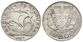 Portugal. 10 escudos. 1937. (Km-582). (Gomes-43.04). Ag. 12,42 g. Scarce. Almost XF. Est...75,00. 

Spanish description: Portugal. 10 escudos. 1937....