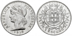 Portugal. 1 escudo. 1916. (Km-564). (Gomes-23.02). Ag. 25,04 g. AU/XF. Est...50,00. 

Spanish description: Portugal. 1 escudo. 1916. (Km-564). (Gome...