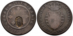 Portuguese Angola. D. Maria I. 1 macuta. 1789. (Km-20). Ae. 35,07 g. Countermark in accordance with the royal decree of 1837 to circulate for double i...