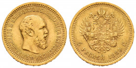 Russia. Alexander III. 5 rouble. 1889. (Km-42). (Fried-168). Au. 6,46 g. Scarce. Choice VF. Est...420,00. 

Spanish description: Rusia. Alexander II...