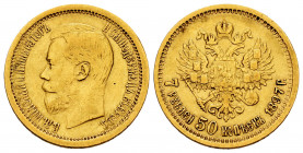 Russia. Nicholas II. 7,50 roubles. 1897. (Km-63). (Fried-178). Au. 6,39 g. VF. Est...350,00. 

Spanish description: Rusia. Nicholas II. 7,50 roubles...