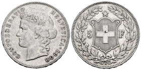 Switzerland. 5 francs. 1908. Bern. B. (Km-34). Ag. 24,95 g. Minor scratches. Almost VF. Est...100,00. 

Spanish description: Suiza. 5 francs. 1908. ...