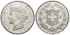 Switzerland. 5 francs. 1916. Bern. B. (Km-34). Ag. 25,00 g. Very scarce. XF/Almost XF. Est...900,00. 

Spanish description: Suiza. 5 francs. 1916. B...