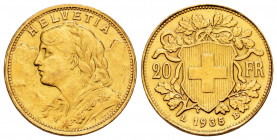 Switzerland. 20 francs. 1935. Bern. B. (Km-35.1). Au. 6,41 g. It was in hoop. Almost XF. Est...250,00. 

Spanish description: Suiza. 20 francs. 1935...