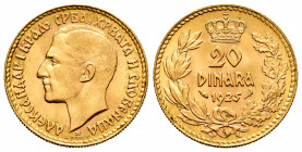 Yugoslavia. Alexander I. 20 dinara. 1925. (Km-7). Au. 6,48 g. Almost MS. Est...750,00. 

Spanish description: Yugoslavia. Alexander I. 20 dinara. 19...