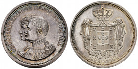 Portugal. Karl I. Medal. 1908. Ag. 25,16 g. Toned. Almost MS. Est...75,00. 

Spanish description: Portugal. Carlos I. Medalla. 1908. Ag. 25,16 g. To...