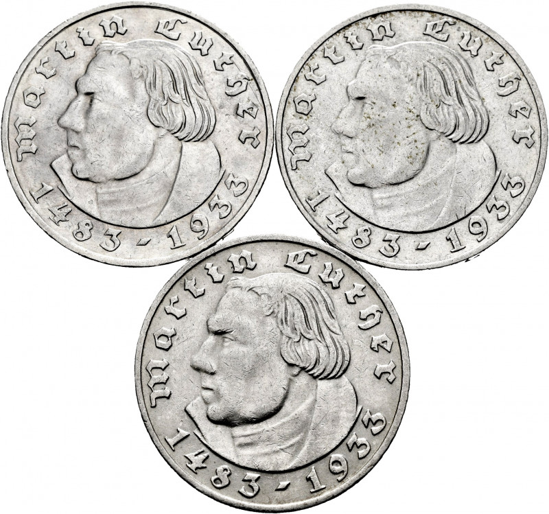Germany. 2 reichsmark. 1933. (Km-79). Ag. Berlín A, Muldenhütten E and Hamburgo ...