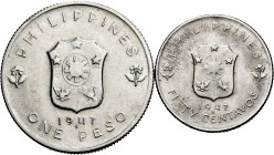 Philippines. Lot of 2 silver pieces from the Philippines 1947, 50 cents and 1 peso. TO EXAMINE. AU. Est...30,00. 

Spanish description: Filipinas. L...