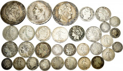 France. Lot of 31 French silver pieces. 3 of 5 francs (1828, 1836, 1840), 11 of 1 franc (1841 (2), 1866, 1872, 1888, 1895 (3), 1898 (2), 1911), 12 of ...