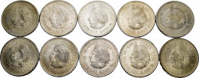Mexico. Lot of 10 silver 5 Mexican peso coins, 1947 (1), 1948 (9). TO EXAMINE. XF/AU. Est...200,00. 

Spanish description: México. Lote de 10 moneda...