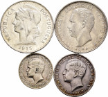 Portugal. Lot of 4 Portugal coins, 50 centavos 1913, 100 reis 1910, 200 reis 1909 and 500 reis 1889. TO EXAMINE. Choice VF/AU. Est...65,00. 

Spanis...