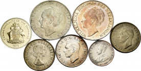 World Coins. Lot of 7 world coins; 3 from Australia, 1 shilling 1936, 2 florin 1946, 1959; 1 from Canada, 50 cents 1947; 1 from Bahamas, 50 cents 1975...