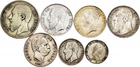 World Coins. Lot of 7 silver coins, 2 from Italy (1/4 lira 1822, 1 lira 1887) and 5 from Belgium (1 of 50 cent 1898, 3 of 1 franc (1867, 1909, 1914), ...