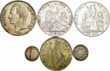 World Coins. Lot of 6 silver coins; 5 from Peru, 2 of 1/2 real 1837, 1854, 1 of 4 reales 1844, 2 of 1 sol 1887, 1890; 1 from Venezuela, 5 bolivares 19...