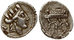 Roman Republic 1 Denarius (84) Furius. P. Furius Crassipes. Denarius. 84 BC. Auxiliary mint of Rome. Averse: Turreted head of the City right; AED. CVR...