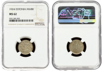 Estonia 1 Mark 1924 Averse: Three leopards left divide date. Reverse: Denomination. Edge Description: Milled. Nickel-Bronze. KM 1a. NGC MS 62