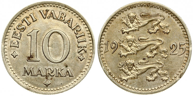 Estonia 10 Marka 1925 Averse: Three leopards left divide date. Reverse: Denomina...