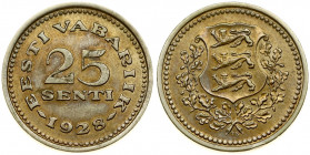 Estonia 25 Senti 1928 Averse: National arms wreath surrounds. Reverse: Denomination above date. Nickel-Bronze. KM 9