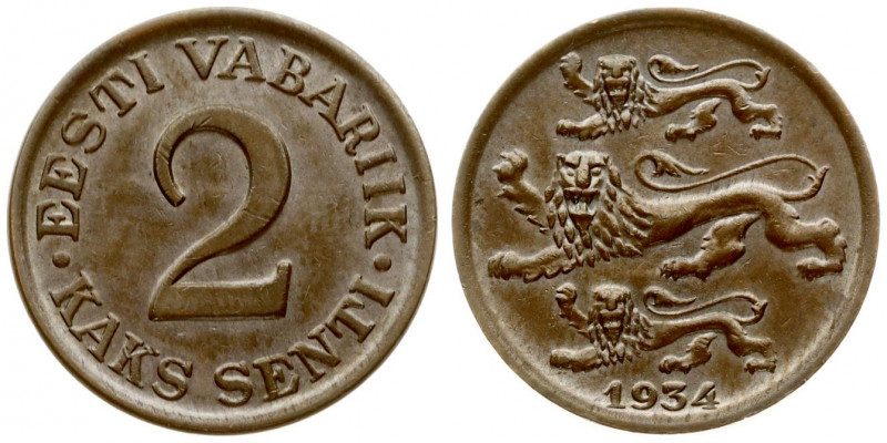 Estonia 2 Senti 1934 Averse: Three leopards left above date. Reverse: Denominati...