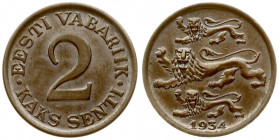 Estonia 2 Senti 1934 Averse: Three leopards left above date. Reverse: Denomination. Edge Description: Plain. Bronze. KM 15