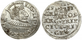 Latvia 3 Groszy 1591 Riga. Sigismund III Vasa(1587-1632). Averse: Crowned bust right. Reverse: Value and coat of arms over the city sign. Silver. Iger...
