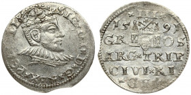 Latvia 3 Groszy 1591 Riga. Sigismund III Vasa(1587-1632). Averse: Crowned bust right. Reverse: Value and coat of arms over the city sign. Silver. (1 i...