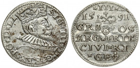 Latvia 3 Groszy 1591 Riga. Sigismund III Vasa(1587-1632). Averse: Crowned bust right. Reverse: Value and coat of arms over the city sign. Silver. (1 i...