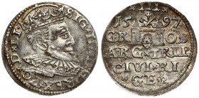 Latvia 3 Groszy 1597 Riga. Sigismund III Vasa(1587-1632). Averse: Crowned bust right. Reverse: Value and coat of arms over the city sign. Silver. Iger...