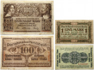 Lithuania Germany 1 & 100 Mark 1918 Kaunas Banknote. Kowno Occupation 4/4/1918 1 & 100 Mark. № A.0455497; Rosenberg 470 № 1712213. Lot of 2 Banknote...