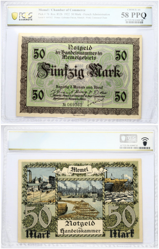 Lithuania MEMEL 50 Mark 1922 Banknote. French Administration Chamber of Commerce...
