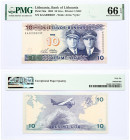 Lithuania 10 Litu 1993 Banknote. Bank of Lithuania Pick#56a 1993 10 Litu - Printer: USBC S/N KAA0000037 - Wmk: Arms 'Vytis'. PMG 66 Gem Uncirculated
