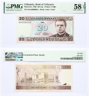 Lithuania 20 Litu 1993 Banknote. Bank of Lithuania Pick#57a 1993 20 Litu - Printer: USBC S/N NAA0000032 - Wmk: Arms 'Vytis'. PMG 58 Choice About Unc