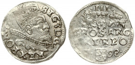 Poland 3 Groszy 1598 Wschow. Sigismund III Vaza(1587–1632). Averse: Crowned bust. Reverse: Value and armorial above legend; date and mintmaster below....