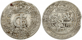 Poland 1 Gulden (Tymf) 1664 AT Bydgoszcz. John II Casimir Vasa (1649–1668). Averse: Crowned monogram. Reverse: Crowned shield; XXX GRO on shield. Silv...
