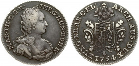Austrian Netherlands 1/2 Ducaton 1754(h). Maria Theresa(1740-1780). Averse: Portrait facing right with diadem and earing; below the shoulder; letter R...