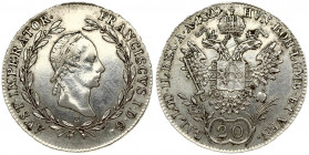 Austria 20 Kreuzer 1829B Franz II (I)(1792-1935). Averse: Large head with short hair within wreath. Reverse: Crowned imperial double eagle; denominati...