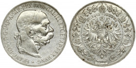 Austria 5 Corona 1900 Franz Joseph I(1848-1916). Averse: Laureate; bearded head right. Reverse: Crowned imperial double eagle within circle surrounded...
