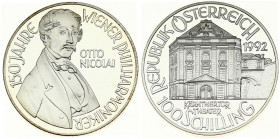 Austria 100 Schilling 1992 Averse: Theater building; value below. Reverse: Bust of Otto Nicolai; 3/4 right. Edge Description: Reeded. Silver. KM 3005....