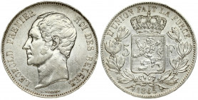 Belgium 5 Francs 1865 Leopold I(1831-1865). Averse: Head left. Averse Legend: LEOPOLD PREMIER ROI DES BELGES. Reverse: Crowned arms on ornate shield d...