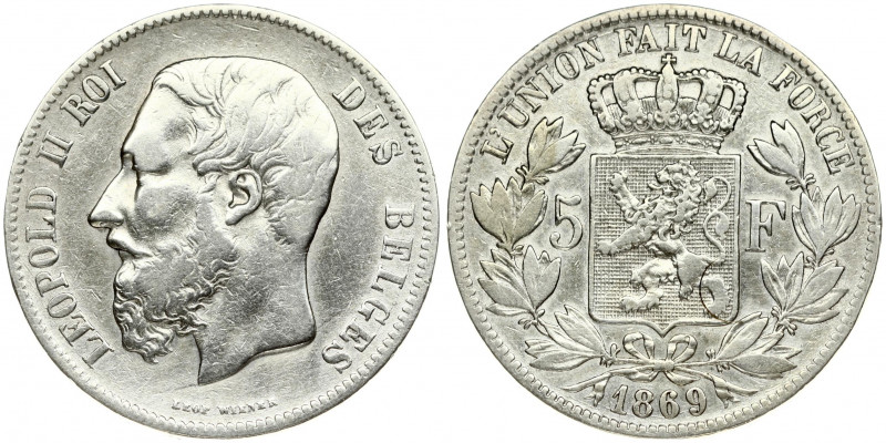 Belgium 5 Francs 1869 Leopold I(1865-1909). Averse: Smaller head; engraver's nam...