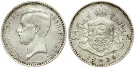 Belgium 20 Francs 1934 Albert I (1909-1934). Averse: Head of Albert; left; legend in Dutch. Averse Legend: DER BELGEN. Reverse: Crowned arms divide de...