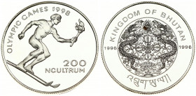 Bhutan 200 Ngultrums 1996 Averse: National emblem divides dates. Reverse: Skiing scene; denomination at right. Silver. KM 87